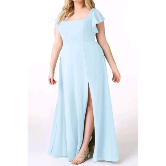 Azazie Bondi A Line Chiffon Ruffle Dress Sky Blue Plus Size 22 - Picture 3 of 7